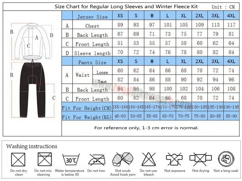 Long Sleeve Suit Size Chart
