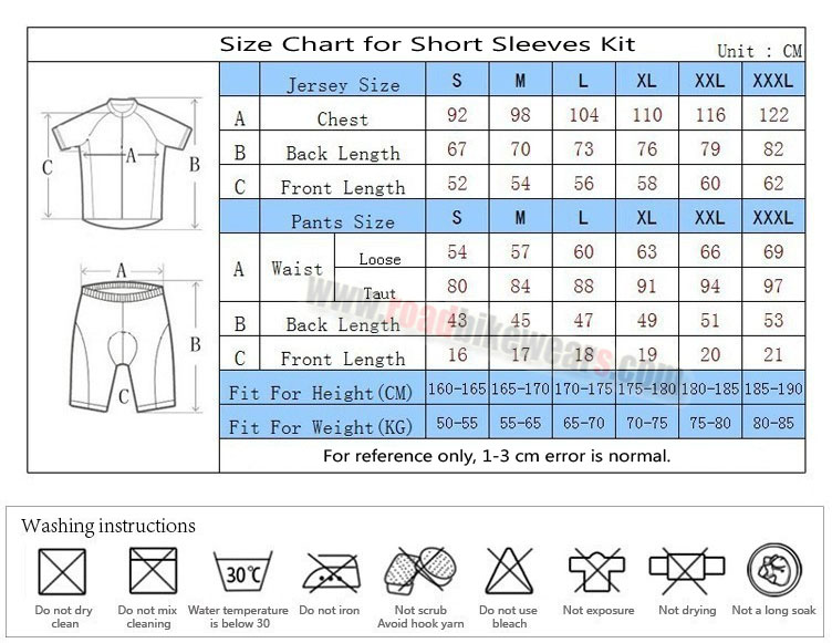 Short Sleeve Kit Size Chart