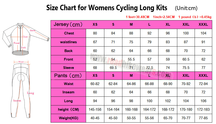 Size Chart for Womens Cycling Long Kits