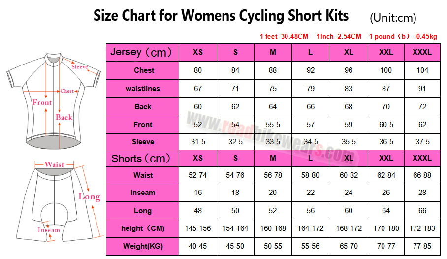 Size Chart for Womens Cycling Short Kits