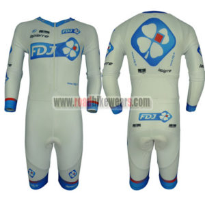 2013 Team FDJ Long Sleeves Triathlon Cycling Outfit Skinsuit White Blue